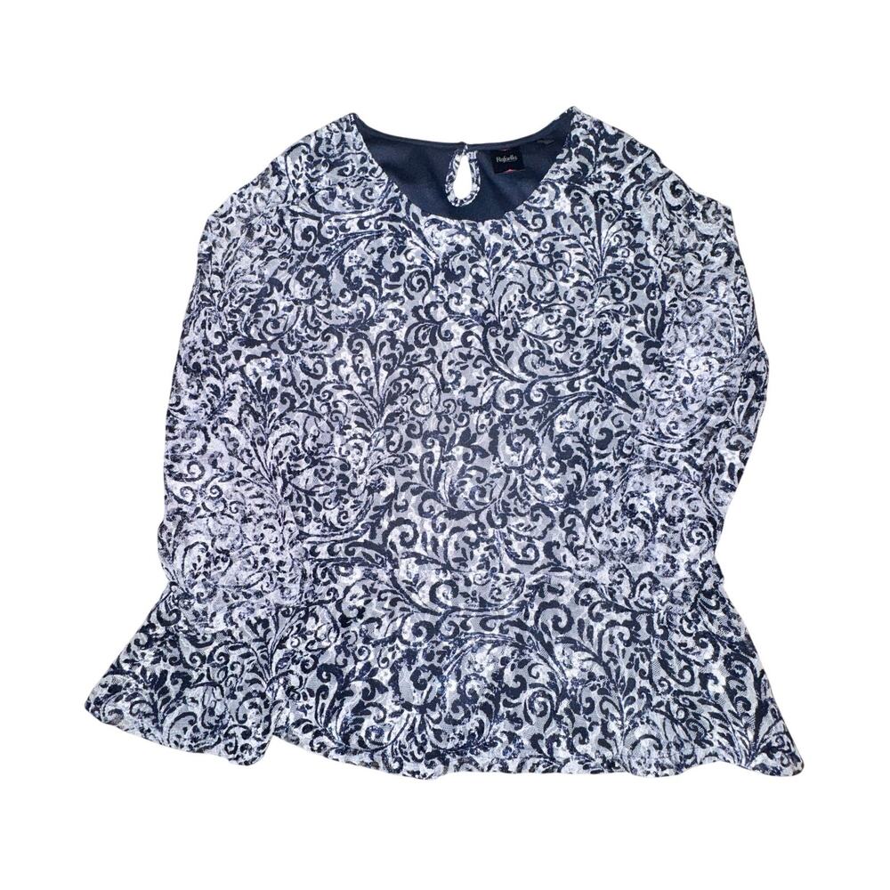 Rafaella Peplum Blouse Women's Size XL Black White Lace Sheer Sleeve L/S